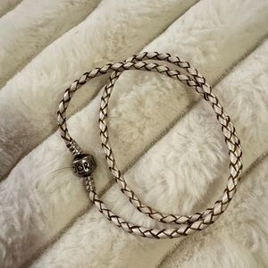 PANDORA 925 Sterling Silver Double Woven Champagne Leather Bracelet